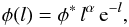 Mathematical equation: \begin{equation} \label{schechter} \phi (l) = \phi^\ast \, l^{\alpha} \, {\rm e}^{-l}, \end{equation}