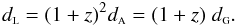Mathematical equation: \begin{equation} \label{rec} \dl = (1+z)^2 \da = (1+z) \; \dg. \end{equation}