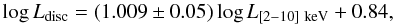 Mathematical equation: \begin{equation} \log L_{\rm disc}=(1.009\pm0.05)\log L_{\rm [2{-}10]~keV}+ 0.84 , \label{eq1_LDLX} \end{equation}