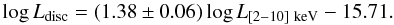 Mathematical equation: \begin{equation} \log L_{\rm disc}=(1.38\pm0.06)\log L_{\rm [2{-}10]~keV}- 15.71 . \label{eq2_LDLX} \end{equation}