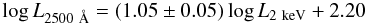 Mathematical equation: \begin{equation} \log L_{2500~\AA}=(1.05\pm0.05)\log L_{\rm 2~keV}+ 2.20 \label{eq1_4_LDLX} \end{equation}