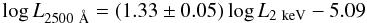 Mathematical equation: \begin{equation} \log L_{2500~\AA}=(1.33\pm0.05)\log L_{\rm 2~keV}- 5.09 \label{eq5_LDLX} \end{equation}