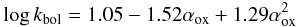 Mathematical equation: \begin{equation} \log k_{\rm bol}=1.05 - 1.52 \alpha_{\rm ox} + 1.29 \alpha_{\rm ox}^2 \label{eq11} \end{equation}