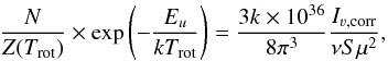 Mathematical equation: \begin{equation} \label{eq:rotdiagram} \frac{N}{Z(T_\mathrm{rot})}\times\exp\left(-\frac{E_u}{kT_\mathrm{rot}}\right) =\frac{3k\times10^{36}}{8\pi^3}\frac{I_{\mathrm{\varv,corr}}}{\nu S\mu^2}, \end{equation}