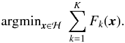 Mathematical equation: \appendix \setcounter{section}{1} \begin{equation} \label{eq:sum} \argmin_{\bx \in \mathcal{H}} ~ \sum_{k=1}^K F_k(\bx) . \end{equation}