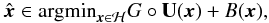 Mathematical equation: \appendix \setcounter{section}{1} \begin{equation} \label{eq:5} \hat{\bx} \in \argmin_{\bx\in\mathcal{H}} G\circ\mathbf{U} (\bx) + B(\bx) , \end{equation}