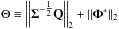 Mathematical equation: \hbox{$\Theta \equiv \norm{\boldsymbol{\Sigma}^{-\tfrac{1}{2}}\mathbf{Q}}_2+\norm{\boldsymbol{\Phi}^*}_2$}