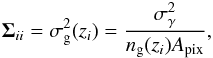 Mathematical equation: \begin{equation} \boldsymbol{\Sigma}_{ii} = \sigma_{\rm g}^2(z_i) = \frac{\sigma_\gamma^2}{n_{\rm g}(z_i)A_{\rm pix}} , \end{equation}