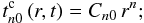 Mathematical equation: \appendix \setcounter{section}{1} \begin{equation} t^{\rm c}_{n0}\left(r,t\right) = C_{n0}\,r^n ; \label{Atn02} \end{equation}