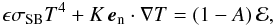 Mathematical equation: \begin{equation} \epsilon\sigma_\mathrm{SB} T^4 + K\, \vec{e}_\mathrm{n}\cdot\nabla T =(1-A)\,\cal{E},\label{bc1} \end{equation}
