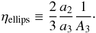 Mathematical equation: \appendix \setcounter{section}{1} \begin{equation} \eta_{\rm ellips} \equiv \frac{2}{3} \frac{a_2}{a_3} \frac{1}{A_3}\cdot \label{eq:ell_corr} \end{equation}