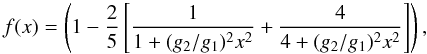 Mathematical equation: \begin{equation} f(x) = \left(1-\frac{2}{5}\left[\frac{1}{1+(g_2/g_1)^2x^2} + \frac{4}{4+(g_2/g_1)^2x^2}\right]\right), \end{equation}