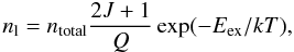 Mathematical equation: \begin{equation} n_{\rm l}=n_{\rm total}\frac{2J+1}{Q}\exp(-E_{\rm ex}/kT), \end{equation}