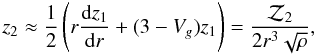 Mathematical equation: \begin{equation} z_2\approx{1\over 2}\left( r{\rd z_1\over\rd r}+(3-V_g)z_1\right)={{\cal Z}_2\over 2r^3\sqrt\rho}, \end{equation}