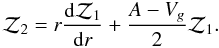 Mathematical equation: \begin{equation} {\cal Z}_2=r{\rd{\cal Z}_1\over\rd r}+{A-V_g\over 2}{\cal Z}_1. \end{equation}