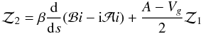 Mathematical equation: \begin{equation} {\cal Z}_2=\beta{\rd\over\rd s}({\cal B}i-{\rm i}{\cal A}i)+{A-V_g\over2}{\cal Z}_1 \end{equation}