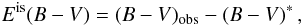 Mathematical equation: \begin{equation} E^{{\rm is}}(B-V)=(B-V)_{{\rm obs}}-(B-V)^{*} \,, \end{equation}
