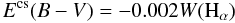 Mathematical equation: \begin{equation} E^{{\rm cs}}(B-V)=-0.002 W({\rm H}_{\alpha}) \label{adjustBe} \end{equation}