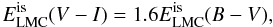 Mathematical equation: \begin{equation} E^{{\rm is}}_{\rm LMC}(V-I)=1.6E^{{\rm is}}_{\rm LMC}(B-V), \label{EisVI} \end{equation}