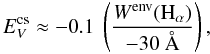 Mathematical equation: \begin{equation} \label{avdachs} E^{{\rm cs}}_{V}\approx -0.1\ \left(\frac{W^{{\rm env}}({\rm H}_{\alpha})}{-30~\AA}\right), \end{equation}