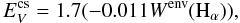 Mathematical equation: \begin{equation} \label{igualdadRcsBeX} E^{{\rm cs}}_{V}=1.7(-0.011W^{{\rm env}}({\rm H}_{\alpha})), \end{equation}