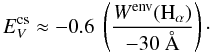 Mathematical equation: \begin{equation} \label{avBeX} E^{{\rm cs}}_{V}\approx -0.6\ \left(\frac{W^{{\rm env}}({\rm H}_{\alpha})}{-30~\AA}\right)\cdot \end{equation}