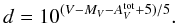 Mathematical equation: \begin{equation} \label{dist} d=10^{(V-M_{V}-A^{\rm tot}_{V}+5)/5}. \end{equation}