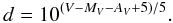 Mathematical equation: \appendix \setcounter{section}{1} \begin{equation} d=10^{(V-M_{V}-A_{V}+5)/5}. \label{distan} \end{equation}