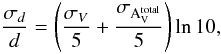 Mathematical equation: \appendix \setcounter{section}{1} \begin{equation} \frac{\sigma_{d}}{d}=\left(\frac{\sigma_{V}}{5} + \frac{\sigma_{\rm A^{\rm total}_{V}}}{5}\right)\ln10, \label{deltad1} \end{equation}