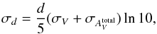 Mathematical equation: \appendix \setcounter{section}{1} \begin{equation} \sigma_{d}=\frac{d}{5} (\sigma_{V}+\sigma_{A^{\rm total}_V})\ln10, \label{deltad2} \end{equation}