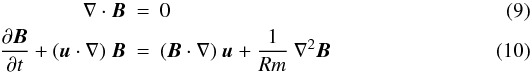 Mathematical equation: \begin{eqnarray} \nabla \cdot \vec{B} &=& 0 \label{eq:divB} \\ \frac{\partial \vec{B}}{\partial t} +(\vec{u} \cdot \nabla)\ \vec{B} &=& (\vec{B} \cdot \nabla)\ \vec{u}+\frac{1}{Rm}\ \nabla^2\vec{B} \label{eq:B} \end{eqnarray}