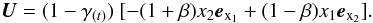 Mathematical equation: \begin{eqnarray} \vec{U}=(1-\gamma_{(t)})\ [-(1+\beta) x_2 \vec{e}_{\rm x_1}+(1-\beta) x_1 \vec{e}_{\rm x_2}]. \label{baseflow} \end{eqnarray}