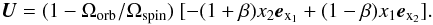 Mathematical equation: \begin{eqnarray} \vec{U}=(1-\Omega_{\rm orb}/\Omega_{\rm spin})\ [-(1+\beta) x_2 \vec{e}_{\rm x_1}+(1-\beta) x_1 \vec{e}_{\rm x_2}]. \end{eqnarray}