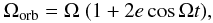 Mathematical equation: \begin{eqnarray} \Omega_{\rm orb}=\Omega\ (1+2e \cos{\Omega t}), \label{eq:orbit} \end{eqnarray}