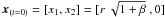 Mathematical equation: \hbox{$\vec{x}_{(t=0)}=[x_1,x_2]=[r\ \sqrt{1+\beta}\ , 0]$}