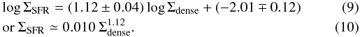 Mathematical equation: \begin{eqnarray} &&\log{\Sigma_{\rm SFR}} = (1.12 \pm 0.04)\log{\Sigma_{\rm dense}} + (-2.01 \mp 0.12) \\ && \mathrm{or\ } \Sigma_{\rm SFR} \simeq 0.010\ \Sigma_{\rm dense}^{1.12}. \end{eqnarray}