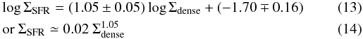 Mathematical equation: \begin{eqnarray} &&\log{\Sigma_{\rm SFR}} = (1.05 \pm 0.05)\log{\Sigma_{\rm dense}} + (-1.70\mp 0.16) \\&& \mathrm{or\ } \Sigma_{\rm SFR} \simeq 0.02\ \Sigma_{\rm dense}^{1.05} \end{eqnarray}