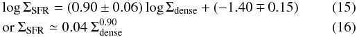 Mathematical equation: \begin{eqnarray} && \log{\Sigma_{\rm SFR}} = (0.90 \pm 0.06)\log{\Sigma_{\rm dense}} + (-1.40 \mp 0.15) \\ && \mathrm{or\ } \Sigma_{\rm SFR} \simeq 0.04\ \Sigma_{\rm dense}^{0.90} \end{eqnarray}