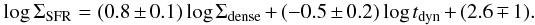 Mathematical equation: \begin{equation} \log{\Sigma_{\rm SFR}} = (0.8\pm0.1)\log{\Sigma_{\rm dense}} + (-0.5\pm0.2)\log{t_{\rm dyn}} + (2.6 \mp 1). \label{twoparameter} \end{equation}