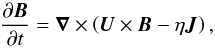Mathematical equation: \begin{equation} {\partial\BB\over\partial t}=\nab\times\left( \UU\times\BB-\eta\JJ\right), \label{eq001} \end{equation}