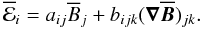 Mathematical equation: \appendix \setcounter{section}{1} \begin{equation} \meanemf_i = a_{ij} \meanB_j + b_{ijk} (\nab \meanBB)_{jk}. \label{eqA01} \end{equation}