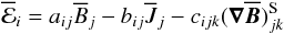 Mathematical equation: \appendix \setcounter{section}{1} \begin{equation} \meanemf_i = a_{ij} \meanB_j - b_{ij} \meanJ_j - c_{ijk} (\nab \meanBB)^{\rm{S}}_{jk} \label{eqA03} \end{equation}