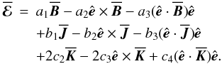 Mathematical equation: \appendix \setcounter{section}{1} \begin{eqnarray} \meanEMF &=& a_1 \meanBB - a_2 \eee \times \meanBB - a_3 (\eee \cdot \meanBB) \eee \nonumber\\ && + b_1 \meanJJ - b_2 \eee \times \meanJJ - b_3 (\eee \cdot \meanJJ) \eee \label{eqA09}\\ && + 2 c_2 \meanKK - 2 c_3 \eee \times \meanKK + c_4 (\eee \cdot \meanKK) \eee. \nonumber \end{eqnarray}