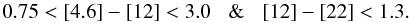 Mathematical equation: \begin{equation} 0.75<[4.6]-[12]<3.0 \hspace{3 mm}\&\hspace{3 mm} [12]-[22]<1.3 . \label{eq.cut1} \end{equation}