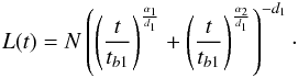 Mathematical equation: \appendix \setcounter{section}{1} \begin{equation} L(t)=N\left( \left( \frac{t}{t_{b1}}\right)^{\frac{\alpha_1}{d_1}}+ \left(\frac{t}{t_{b1}}\right)^{\frac{\alpha_2}{d_1}} \right)^{-d_1}\cdot \end{equation}