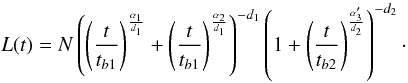 Mathematical equation: \appendix \setcounter{section}{1} \begin{equation} L(t)=N\left( \left( \frac{t}{t_{b1}}\right)^{\frac{\alpha_1}{d_1}}+ \left(\frac{t}{t_{b1}}\right)^{\frac{\alpha_2}{d_1}} \right)^{-d_1} \left( 1+ \left(\frac{t}{t_{b2}}\right)^{\frac{\alpha_3'}{d_2}} \right)^{-d_2}\cdot \label{DBPL} \end{equation}
