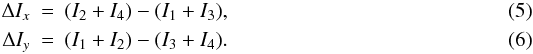 Mathematical equation: \begin{eqnarray} \Delta I_x&=&(I_2+I_4)-(I_1+I_3),\\ \Delta I_y&=&(I_1+I_2)-(I_3+I_4). \label{eq:E_x} \end{eqnarray}