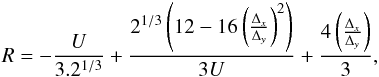 Mathematical equation: \appendix \setcounter{section}{2} \begin{equation} \label{eq:solution} R=-\frac{U}{3.2^{1/3}}+\frac{2^{1/3}\left(12-16\left(\frac{\Delta_x}{\Delta_y}\right)^2\right)}{3U}+\frac{4\left(\frac{\Delta_x}{\Delta_y}\right)}{3}, \end{equation}