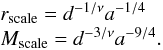 Mathematical equation: \appendix \setcounter{section}{1} \begin{equation} \begin{array}{l} r_{\mathrm{scale}} = d^{-1/\nu}a^{-1/4} \\ M_{\mathrm{scale}} = d^{-3/\nu}a^{-9/4} . \\ \end{array} \label{scalesfnu} \end{equation}