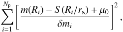 Mathematical equation: \appendix \setcounter{section}{2} \begin{equation} \sum_{i = 1}^{N_{\mathrm{p}}}\left[ \frac{m(R_i) - S(R_i/r_{\mathrm{s}}) + \mu_0}{\delta m_i} \right]^2 , \label{chimag} \end{equation}